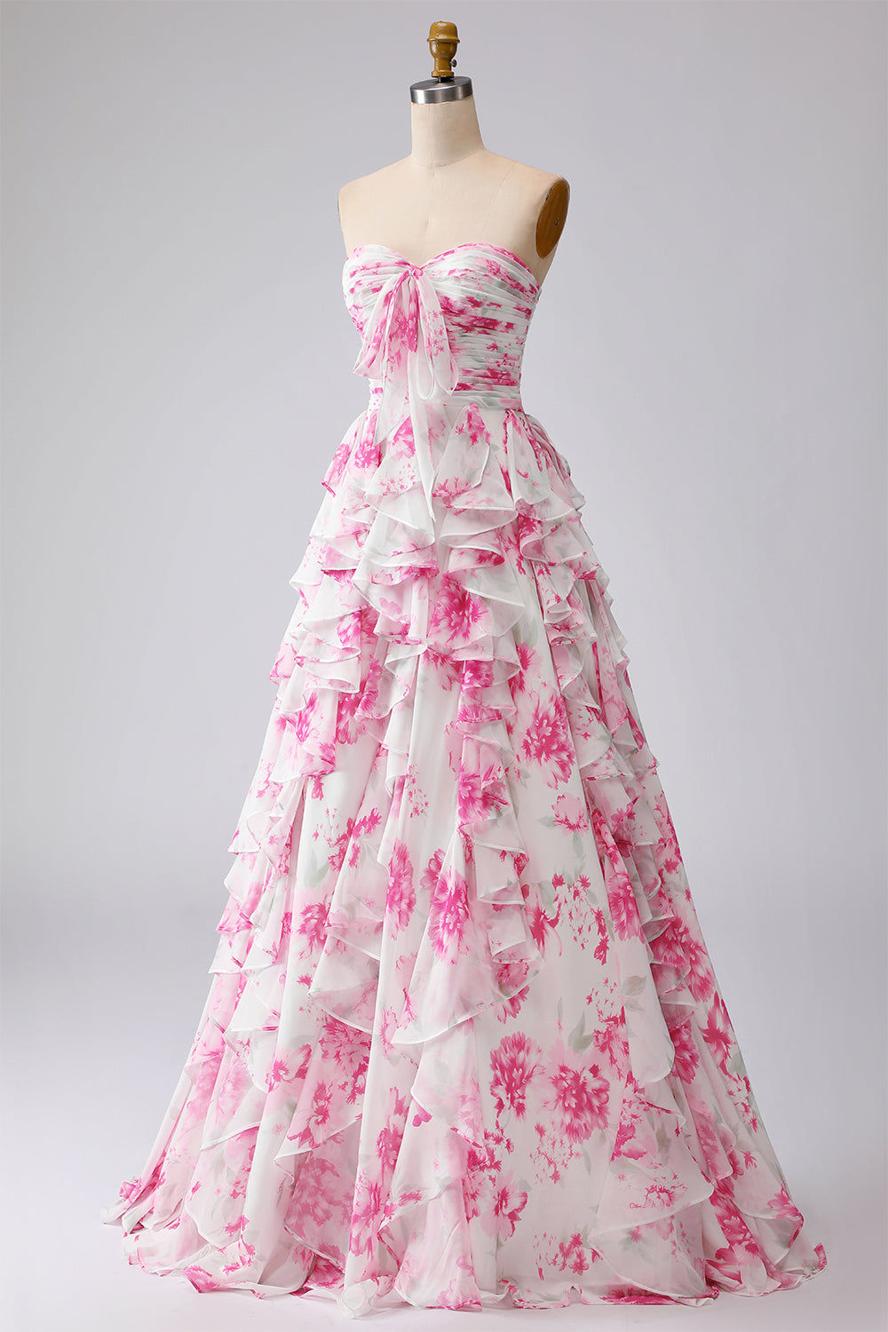 Floral White and Fuchsia Sweetheart Ruffled A Line Long Prom Dress