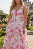 Floral White and Fuchsia Plus Size Sweetheart Ruffled A Line Long Prom Dress