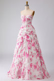 Floral White and Fuchsia Sweetheart Ruffled A Line Long Prom Dress