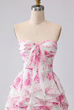 Floral White and Fuchsia Sweetheart Ruffled A Line Long Prom Dress