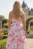 Floral White and Fuchsia Plus Size Sweetheart Ruffled A Line Long Prom Dress