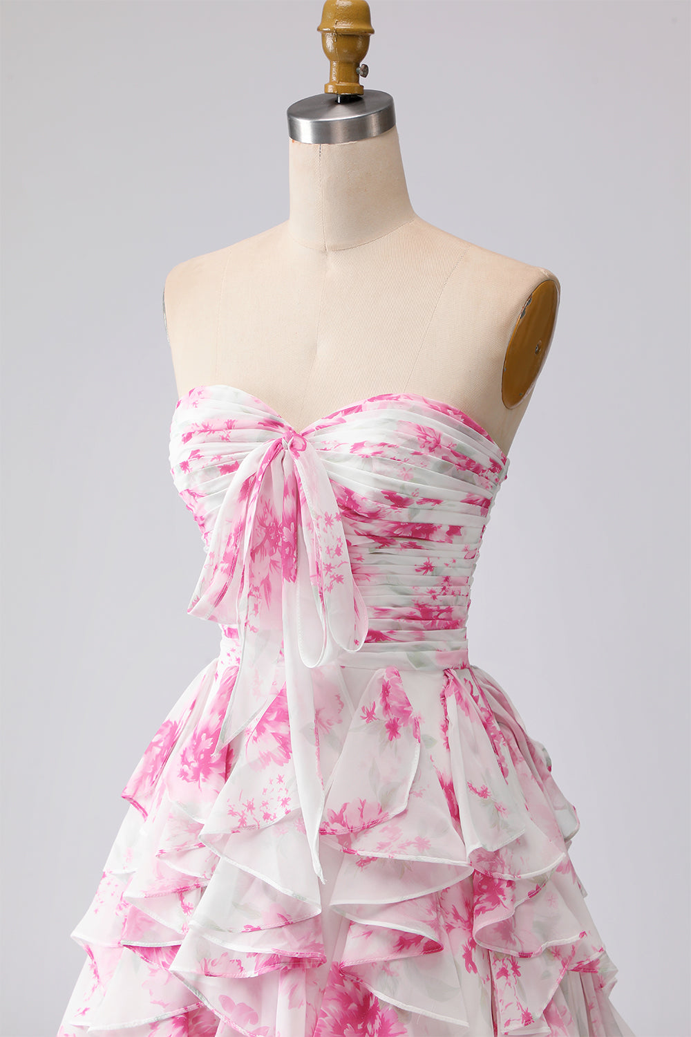 Floral White and Fuchsia Sweetheart Ruffled A Line Long Prom Dress