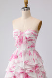 Floral White and Fuchsia Sweetheart Ruffled A Line Long Prom Dress