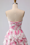 Floral White and Fuchsia Sweetheart Ruffled A Line Long Prom Dress
