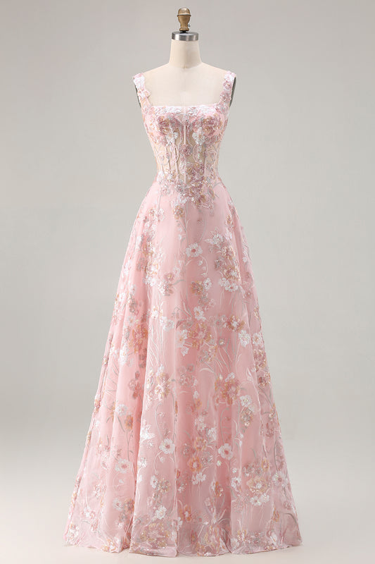 Sparkly Floral Pink A Line Long Corset Prom Dress with Sequin
