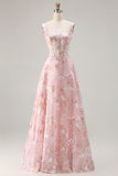 Sparkly Floral Pink A Line Long Corset Prom Dress with Sequin