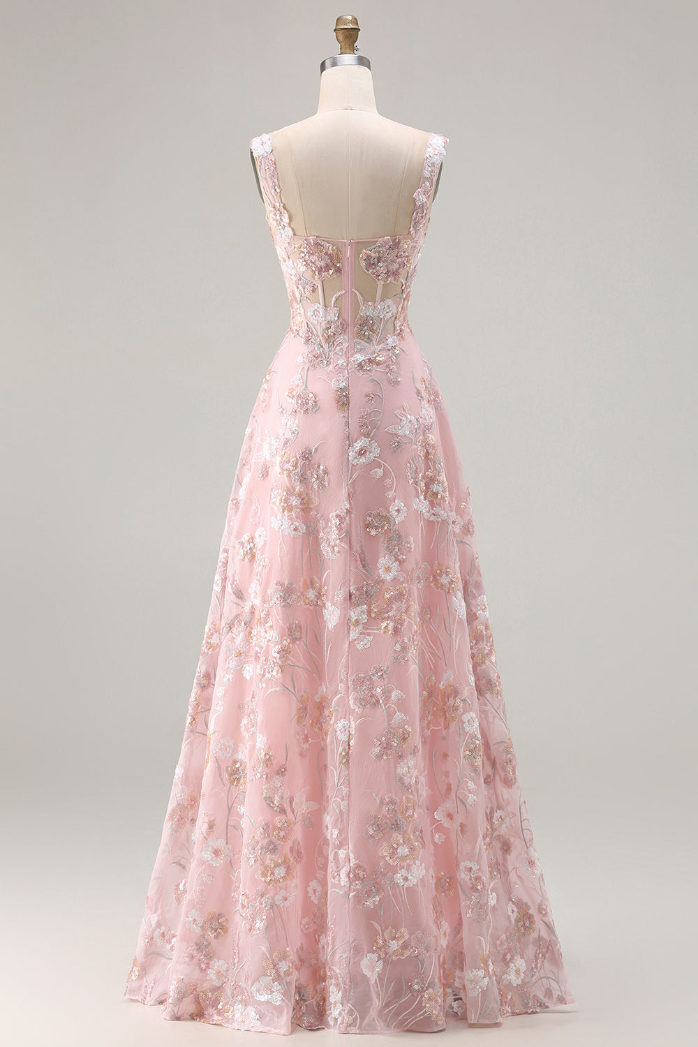 Sparkly Floral Pink A Line Long Corset Prom Dress with Sequin
