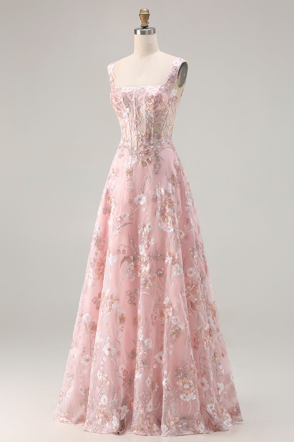 Sparkly Floral Pink A Line Long Corset Prom Dress with Sequin