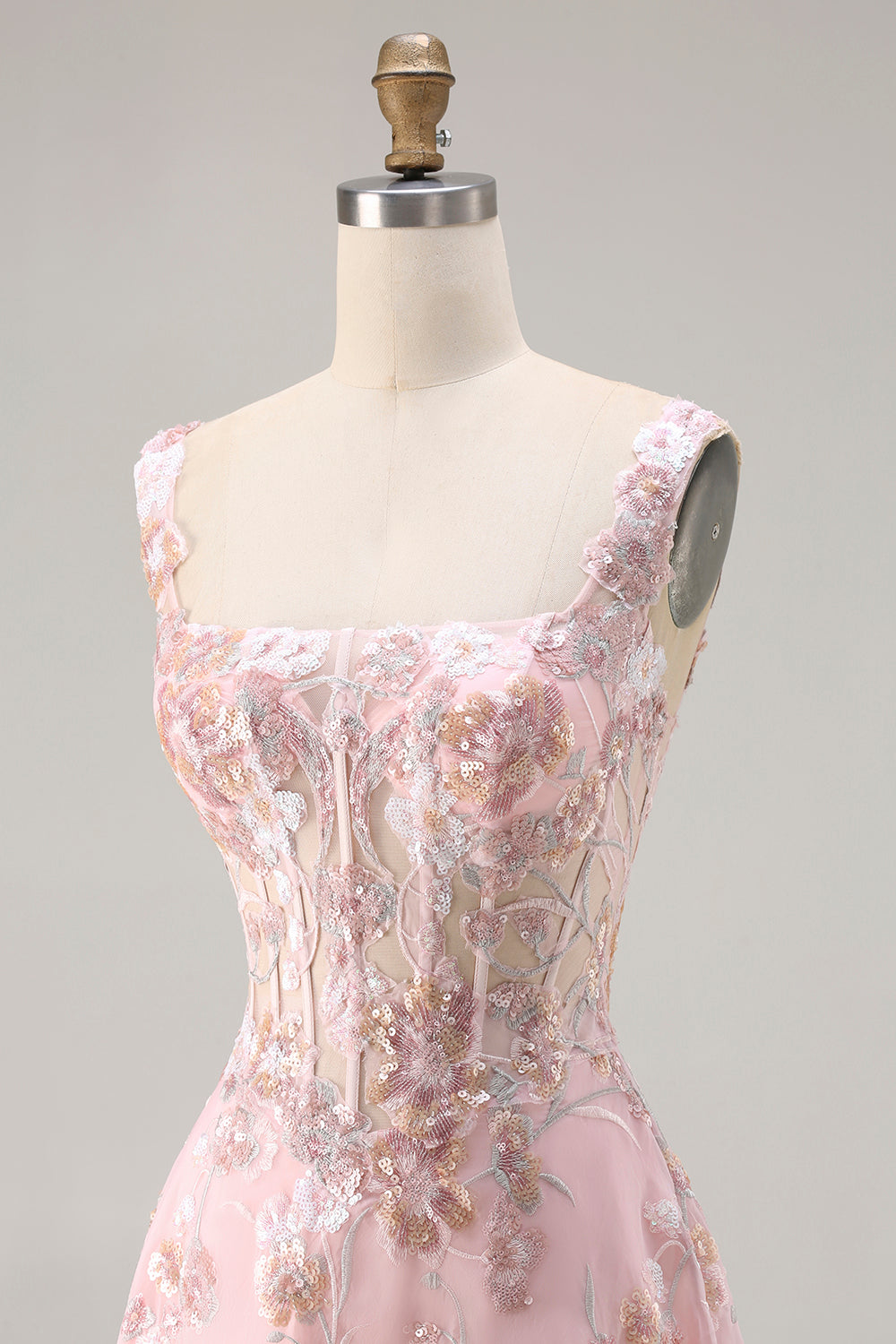 Sparkly Floral Pink A Line Long Corset Prom Dress with Sequin