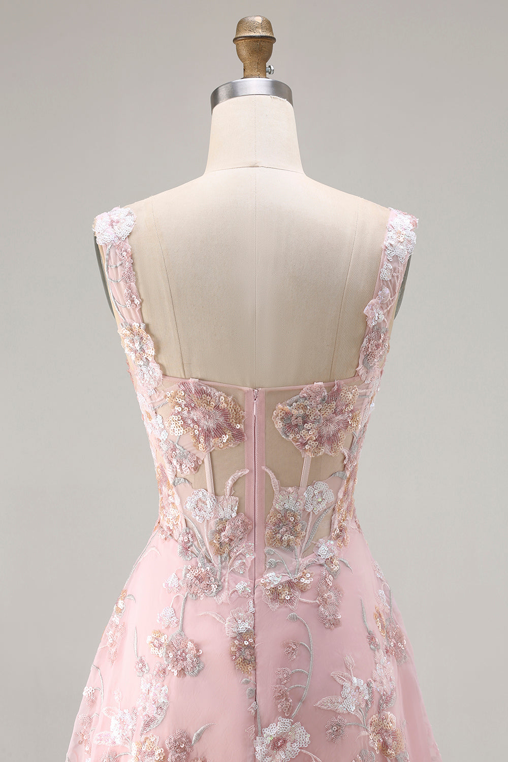 Sparkly Floral Pink A Line Long Corset Prom Dress with Sequin