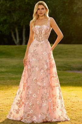 Sparkly Pink Floral A Line Sequins Long Corset Prom Dress