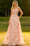 Sparkly Pink Floral A Line Sequins Long Corset Prom Dress