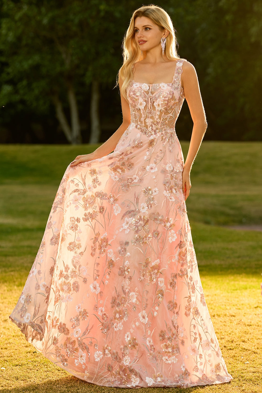 Sparkly Pink Floral A Line Sequins Long Corset Prom Dress