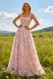 Sparkly Floral Pink A Line Long Corset Prom Dress with Sequin