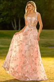 Sparkly Pink Floral A Line Sequins Long Corset Prom Dress