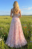 Sparkly Floral Pink A Line Long Corset Prom Dress with Sequin