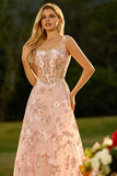 Sparkly Pink Floral A Line Sequins Long Corset Prom Dress