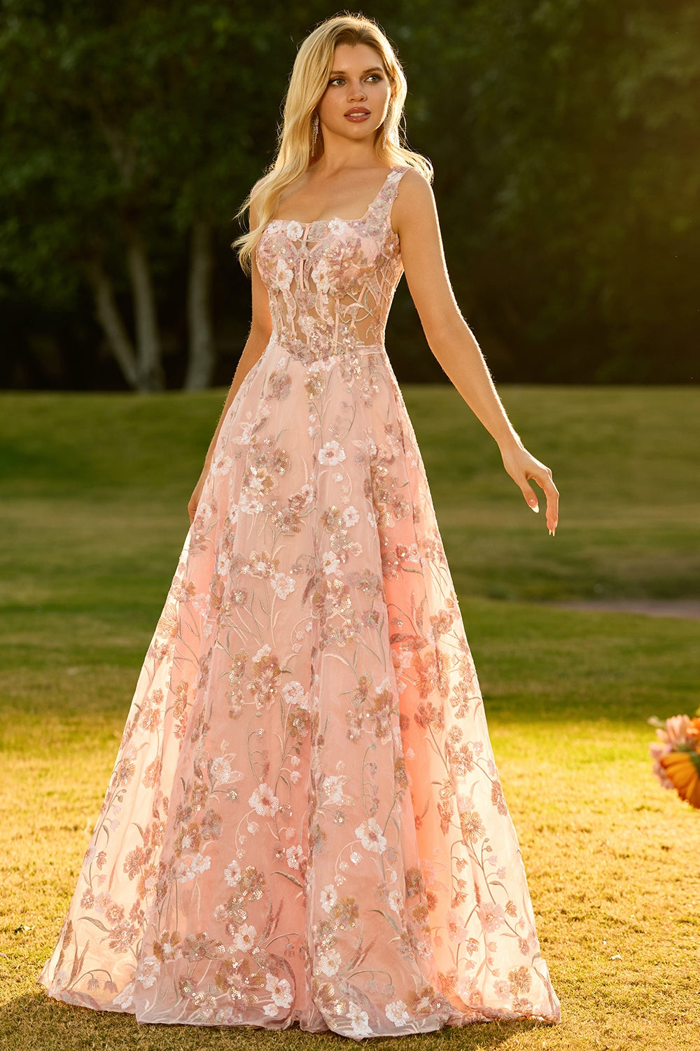 Sparkly Pink Floral A Line Sequins Long Corset Prom Dress