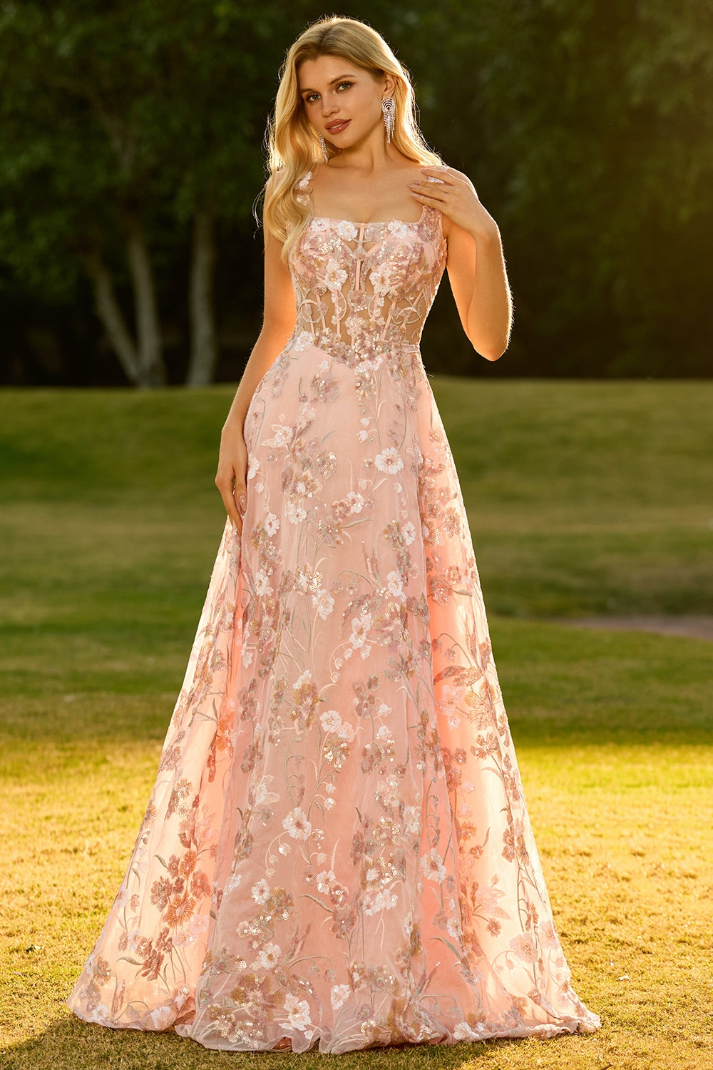 Sparkly Pink Floral A Line Sequins Long Corset Prom Dress