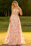 Sparkly Pink Floral A Line Sequins Long Corset Prom Dress