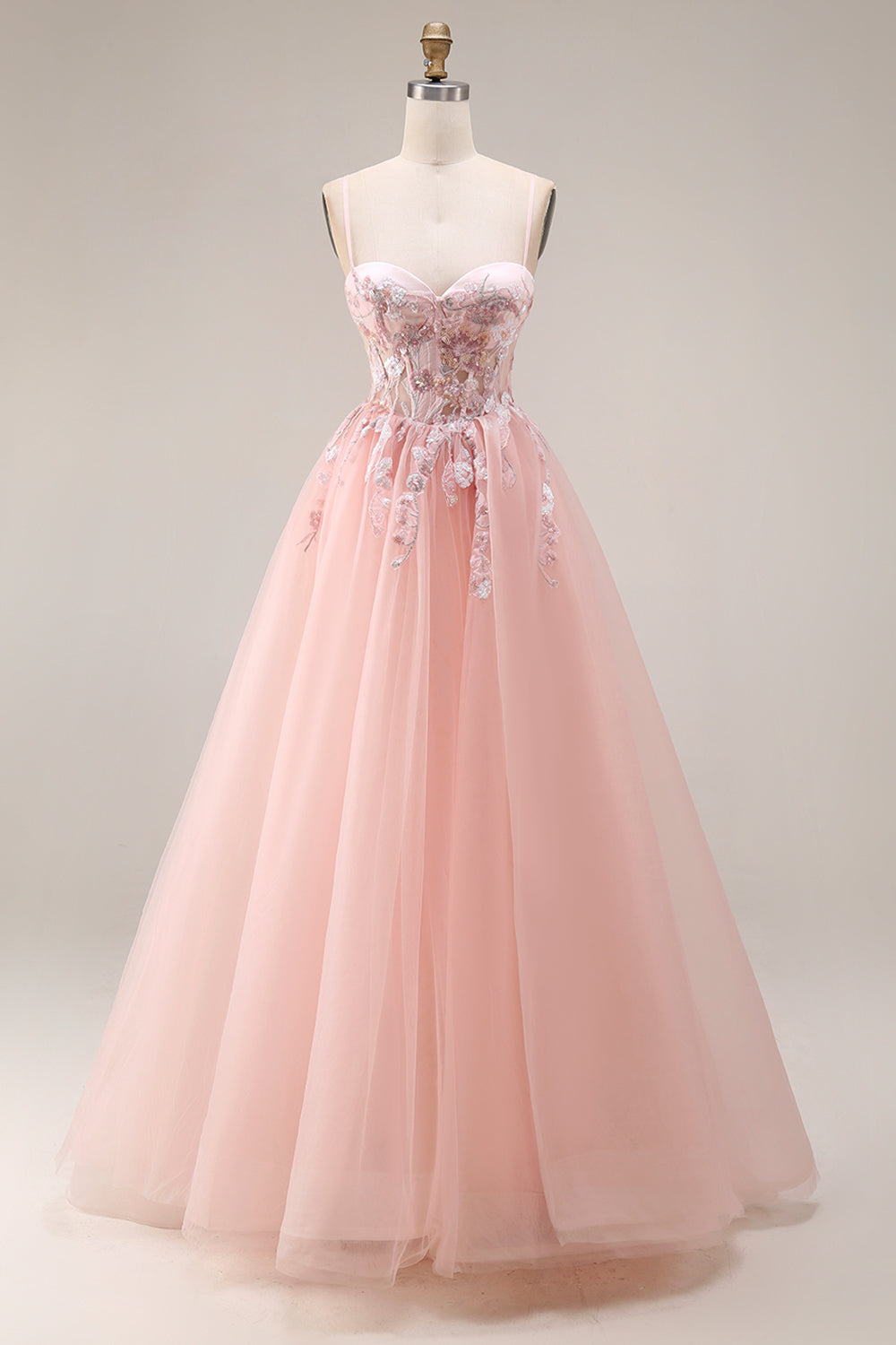 Sparkly Blush Floral Spaghetti Straps Appliqued Long Corset Prom Dress