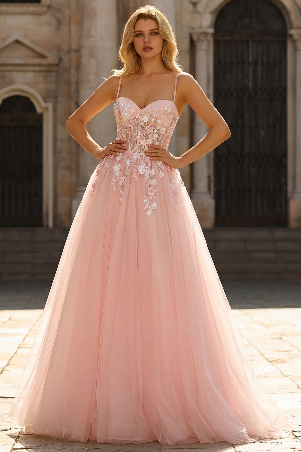 Sparkly Blush Floral Spaghetti Straps Appliqued Long Corset Prom Dress