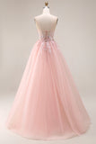 Sparkly Blush Floral Spaghetti Straps Appliqued Long Corset Prom Dress