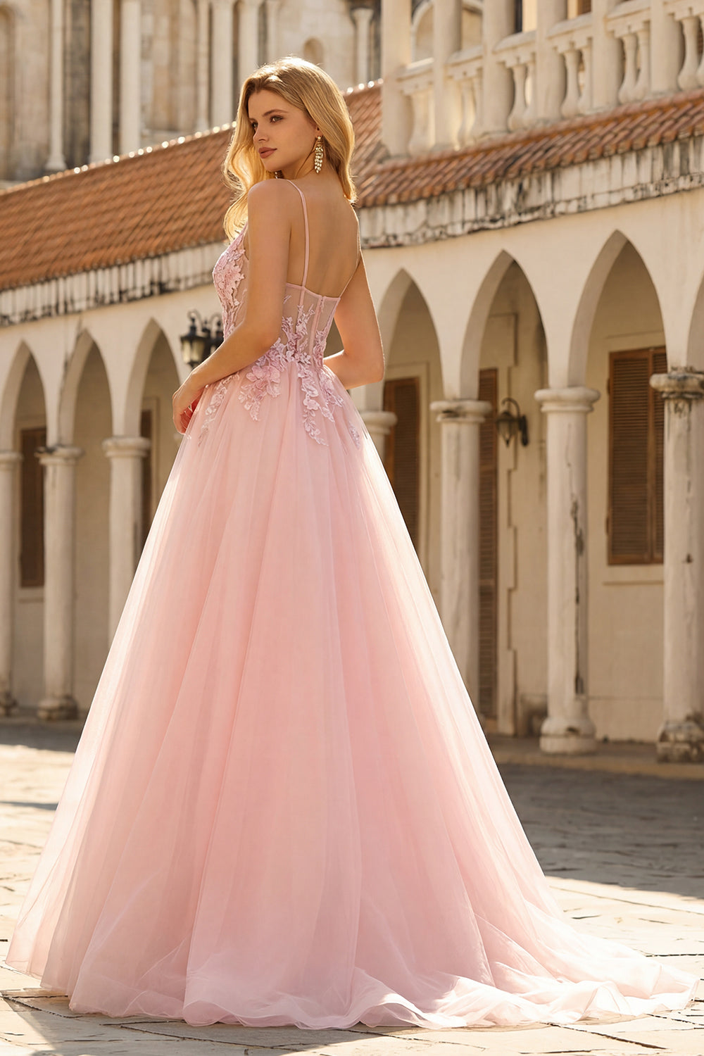 Sparkly Blush Floral Spaghetti Straps Appliqued Long Corset Prom Dress