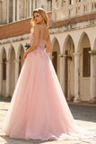 Sparkly Blush Floral Spaghetti Straps Appliqued Long Corset Prom Dress