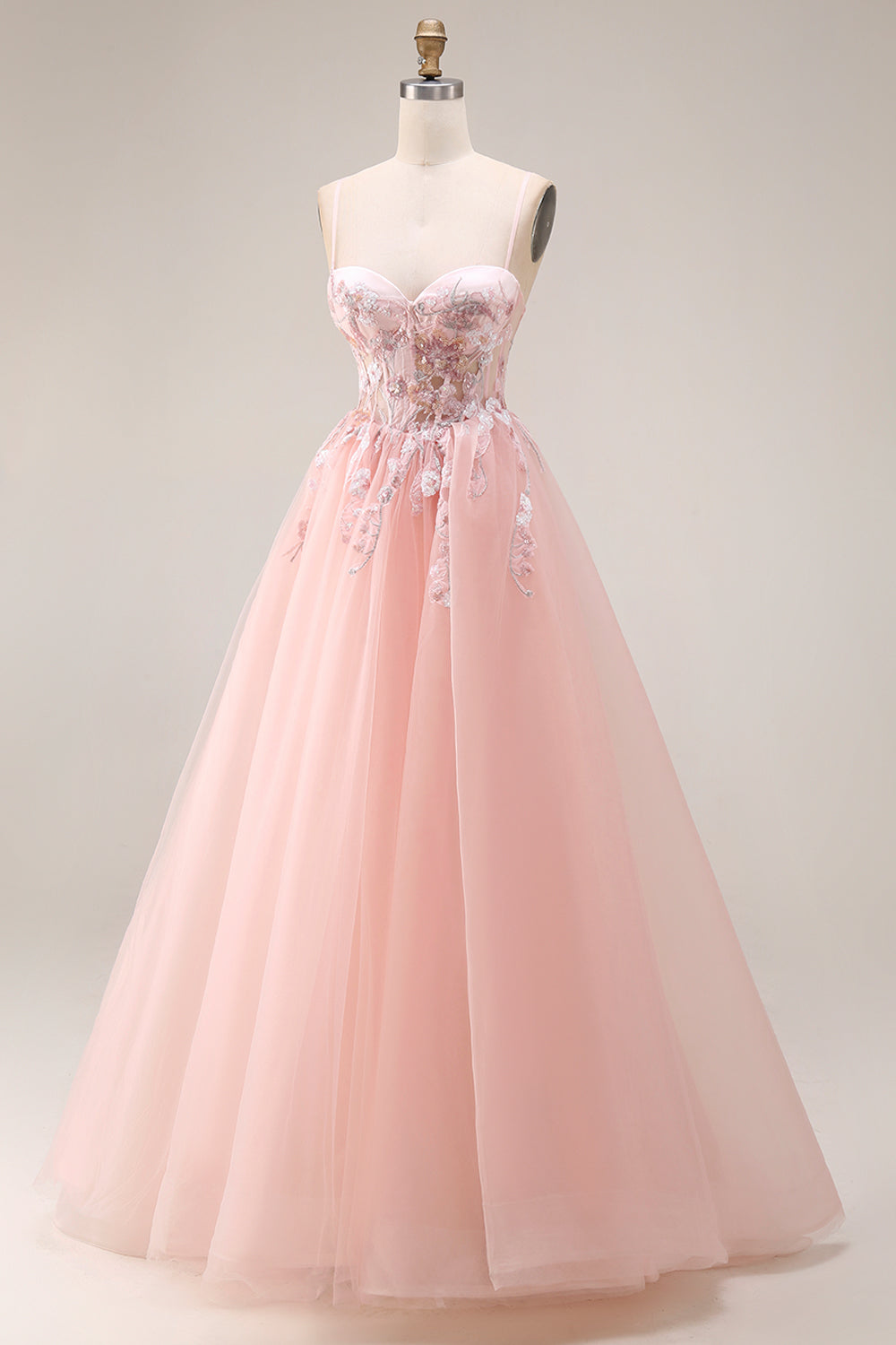 Sparkly Blush Floral Spaghetti Straps Appliqued Long Corset Prom Dress