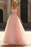 Sparkly Blush Floral Spaghetti Straps Appliqued Long Corset Prom Dress