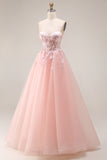 Sparkly Blush Floral Spaghetti Straps Appliqued Long Corset Prom Dress