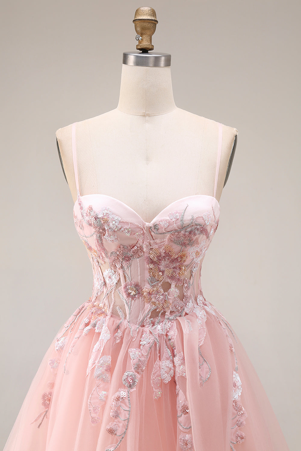 Sparkly Blush Floral Spaghetti Straps Appliqued Long Corset Prom Dress