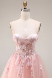 Sparkly Blush Floral Spaghetti Straps Appliqued Long Corset Prom Dress