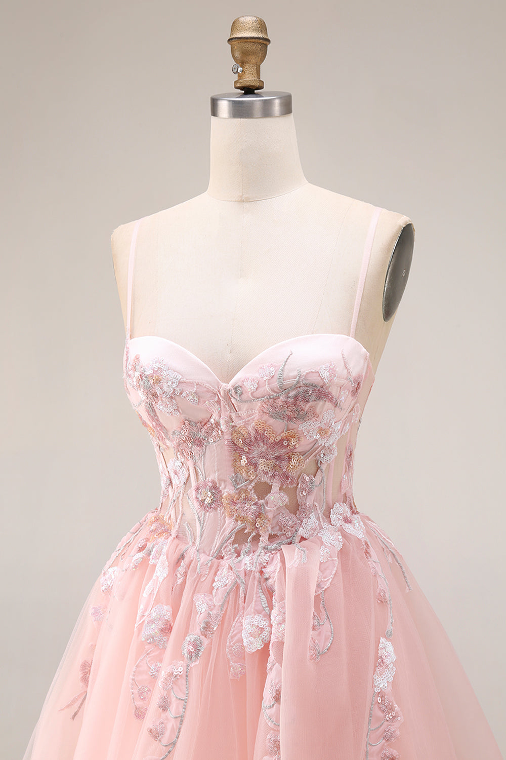 Sparkly Blush Floral Spaghetti Straps Appliqued Long Corset Prom Dress