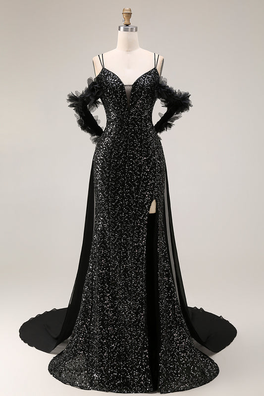 Sparkly Black Cold Shoulder Mermaid Long Corset Prom Dress with Cape