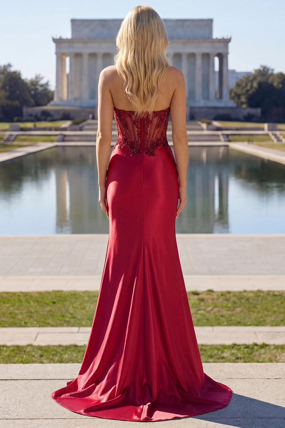 Zapakasa Women Sparkly Burgundy Long Corset Prom Dress with Slit Mermaid Beaded Ruched Evening Dress Zapakasa Women Sparkly Burgundy Long Corset Prom Dress with Slit Mermaid Beaded Ruched Evening Dress