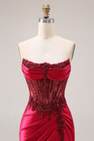 Sparkly Burgundy Mermaid Beaded Ruched Long Corset Prom Dress with Slit