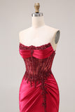 Sparkly Burgundy Mermaid Beaded Ruched Long Corset Prom Dress with Slit