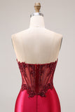Sparkly Burgundy Mermaid Beaded Ruched Long Corset Prom Dress with Slit