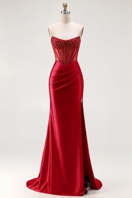Sparkly Red Satin Mermaid Beaded Long Corset Prom Dress with Slit