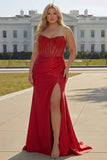 Sparkly Plus Size Red Satin Mermaid Beaded Long Corset Prom Dress with Slit