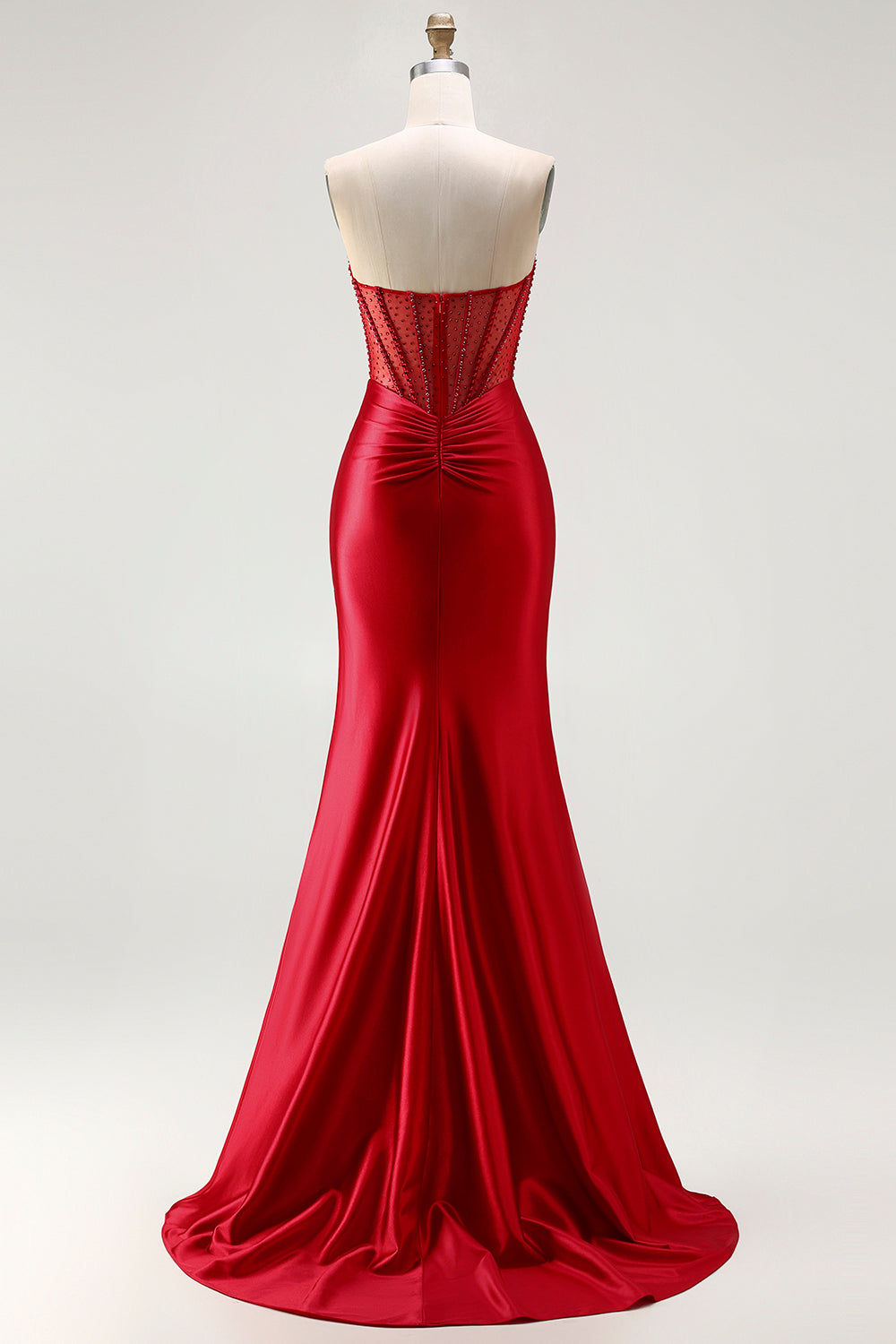 Sparkly Red Satin Mermaid Beaded Long Corset Prom Dress with Slit