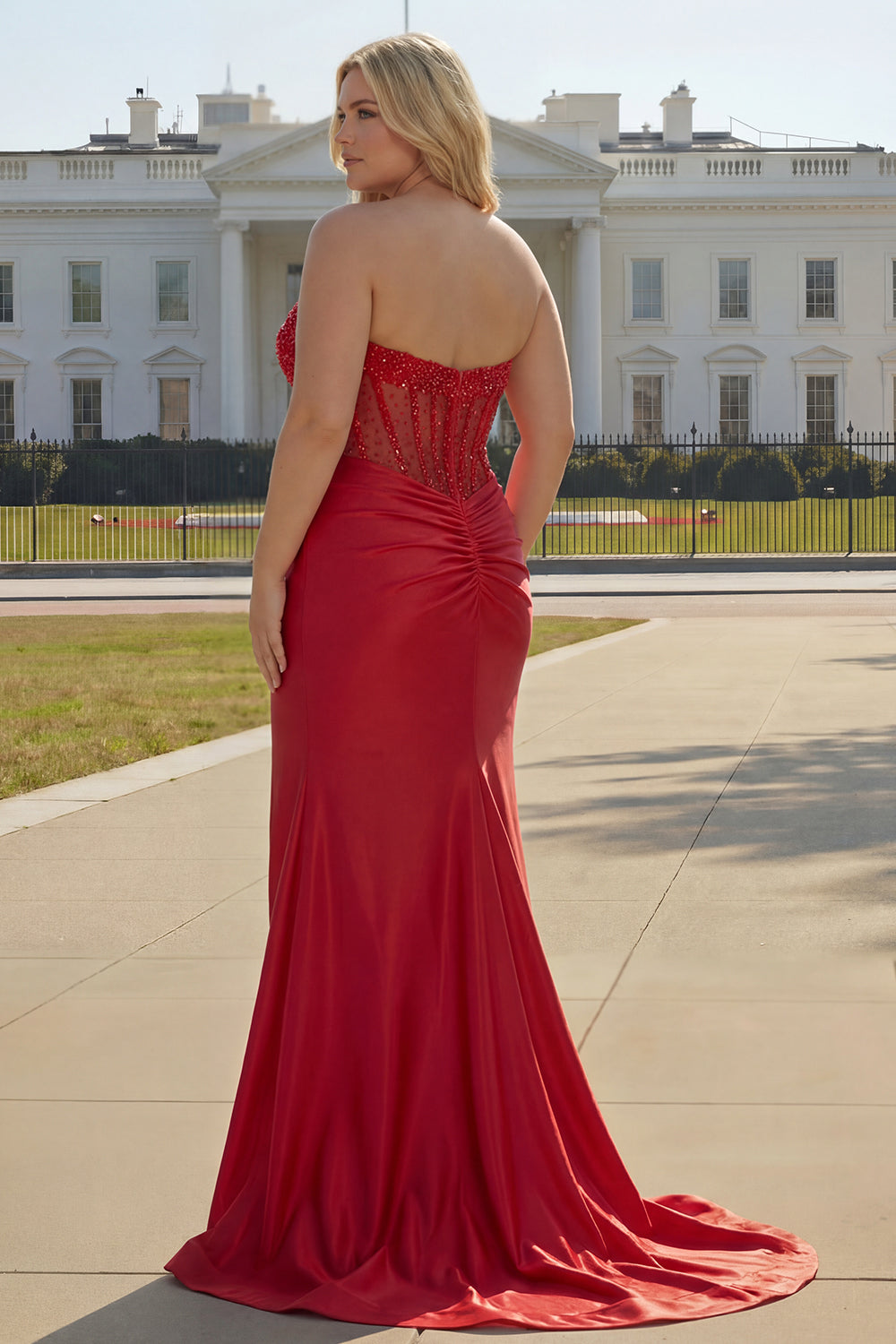 Sparkly Plus Size Red Satin Mermaid Beaded Long Corset Prom Dress with Slit