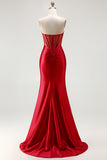 Sparkly Red Satin Mermaid Beaded Long Corset Prom Dress with Slit