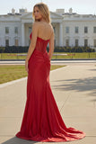 Sparkly Red Satin Mermaid Beaded Long Corset Prom Dress with Slit