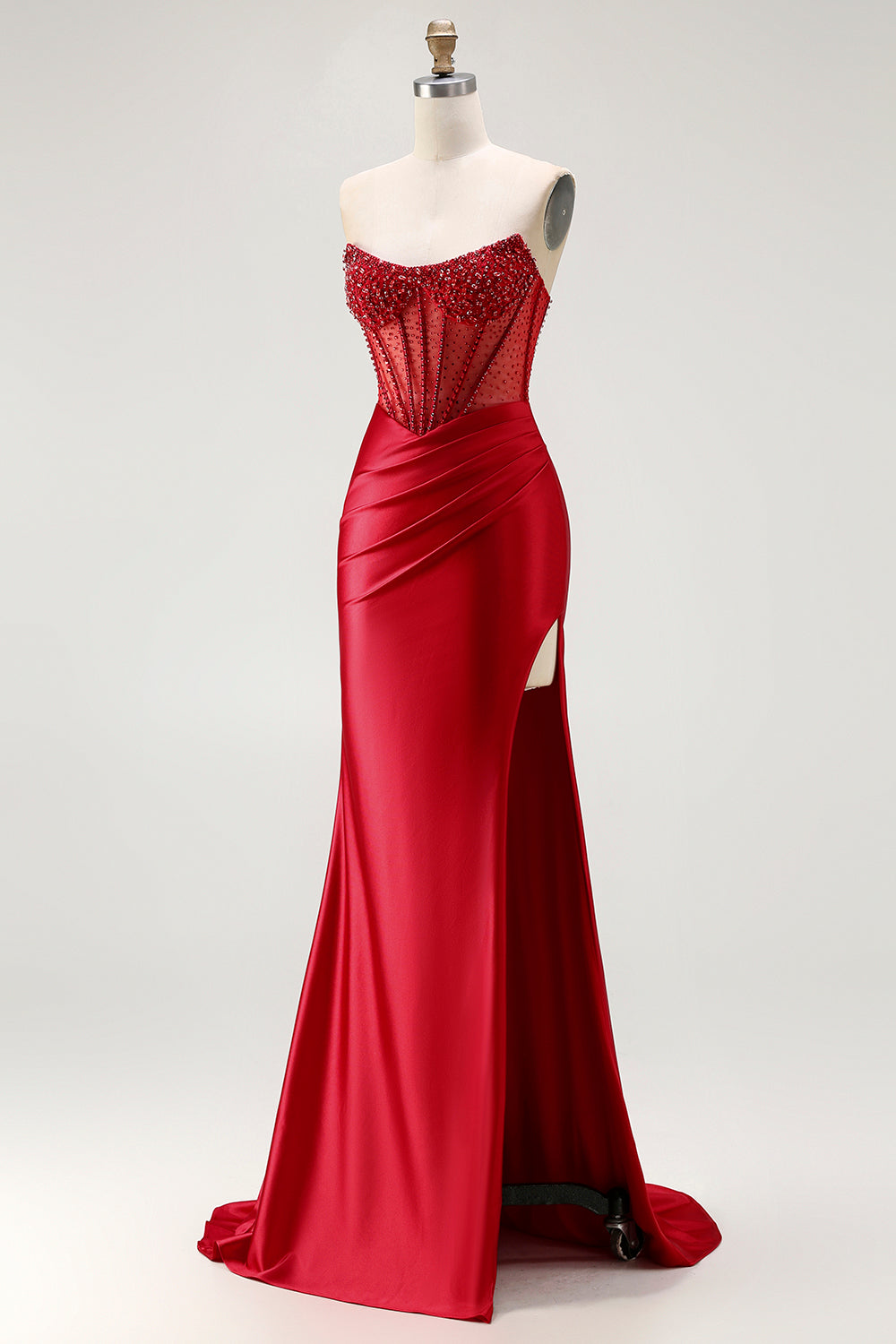 Sparkly Red Satin Mermaid Beaded Long Corset Prom Dress with Slit