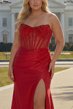 Sparkly Plus Size Red Satin Mermaid Beaded Long Corset Prom Dress with Slit