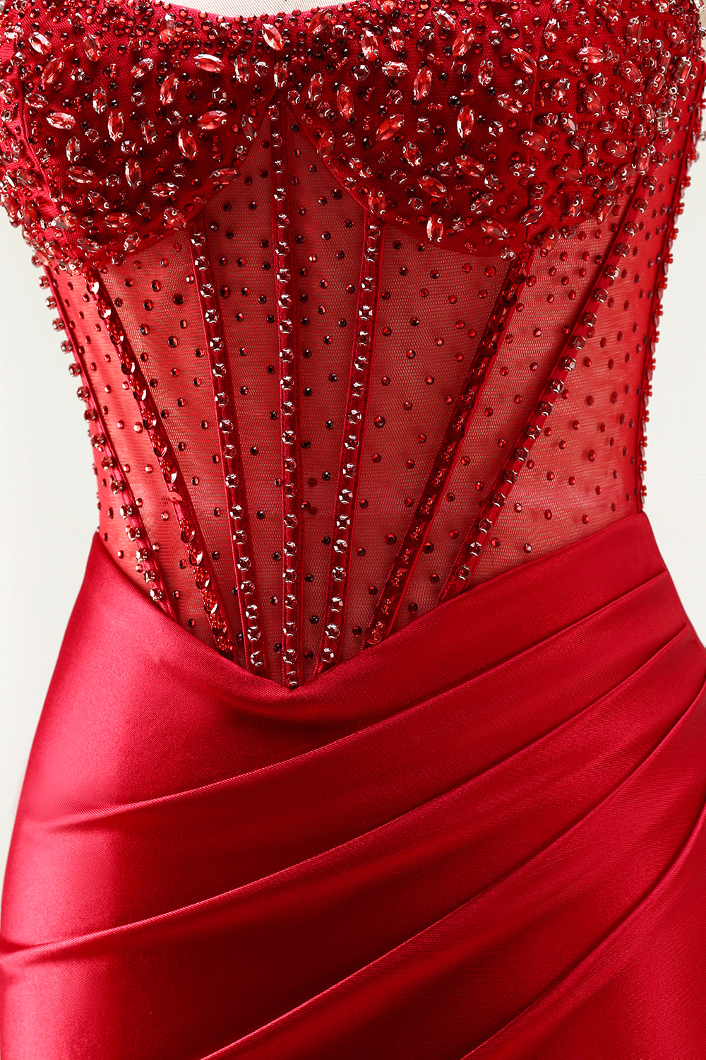 Sparkly Red Satin Mermaid Beaded Long Corset Prom Dress with Slit