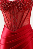 Sparkly Red Satin Mermaid Beaded Long Corset Prom Dress with Slit